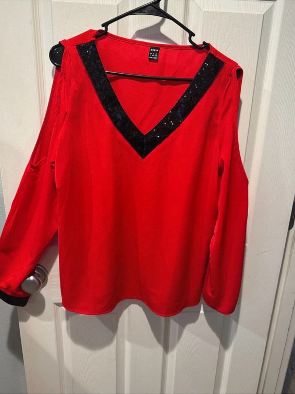 SHEIN Red Cold-Shoulder V-Neck Top with Black Sequin Trim